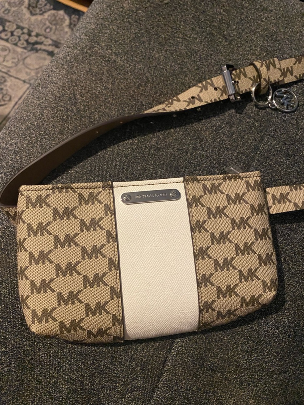 Michael Kors Beige Monogram & White Center Panel Belt Bag